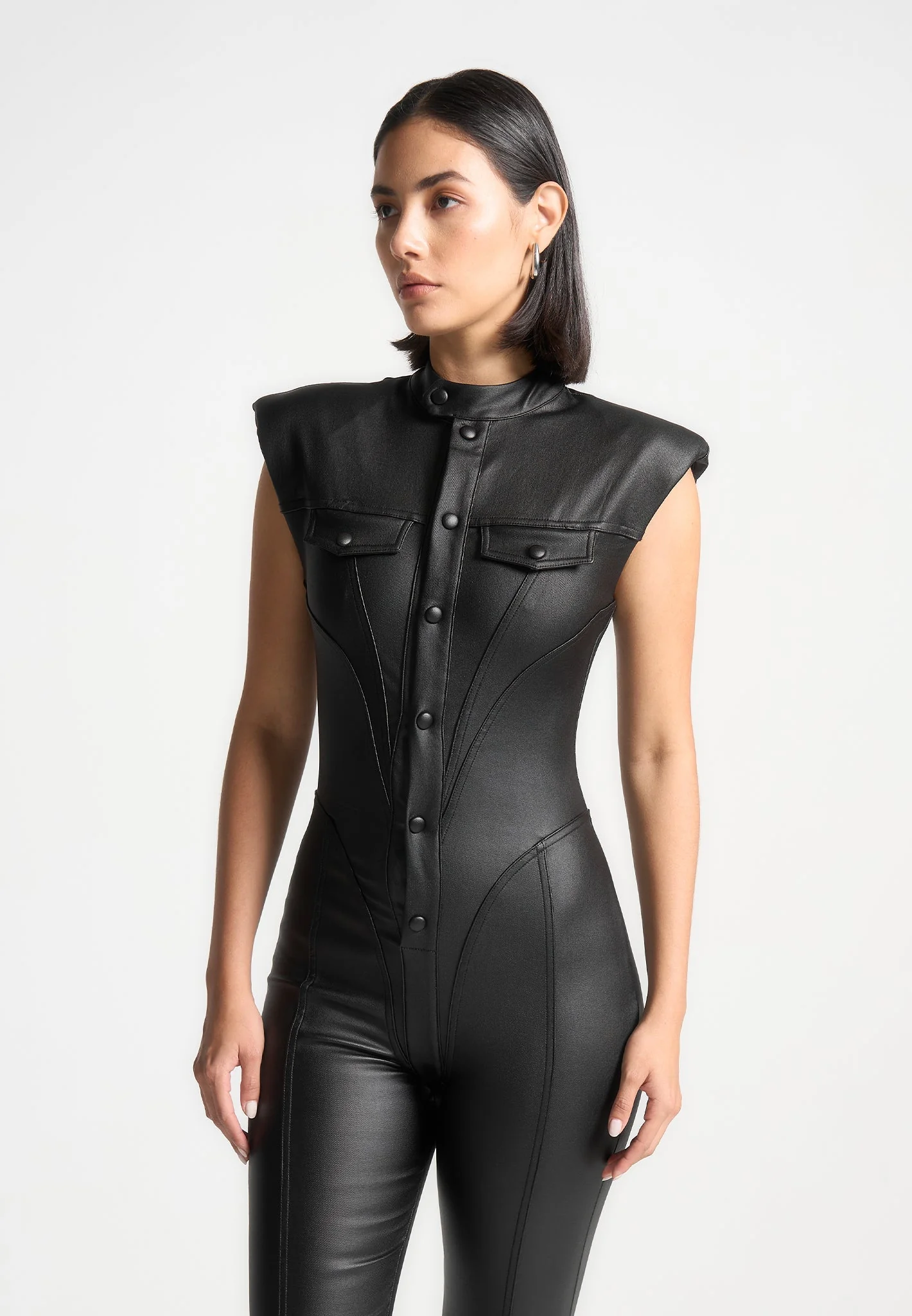 Annette - Wax Coated Denim Jumpsuit - Black - Image 4