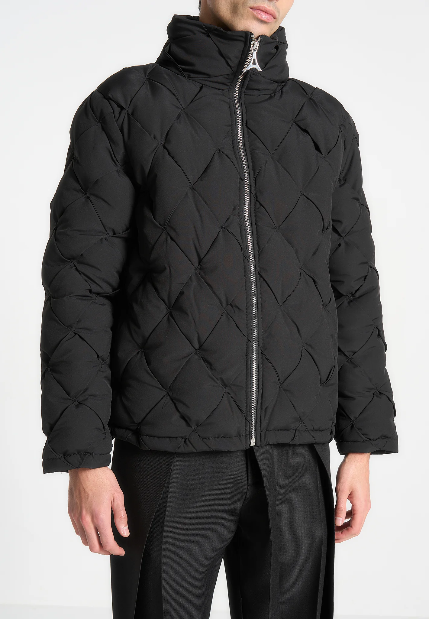 Woven Interlock Puffer Jacket - Black - Image 4